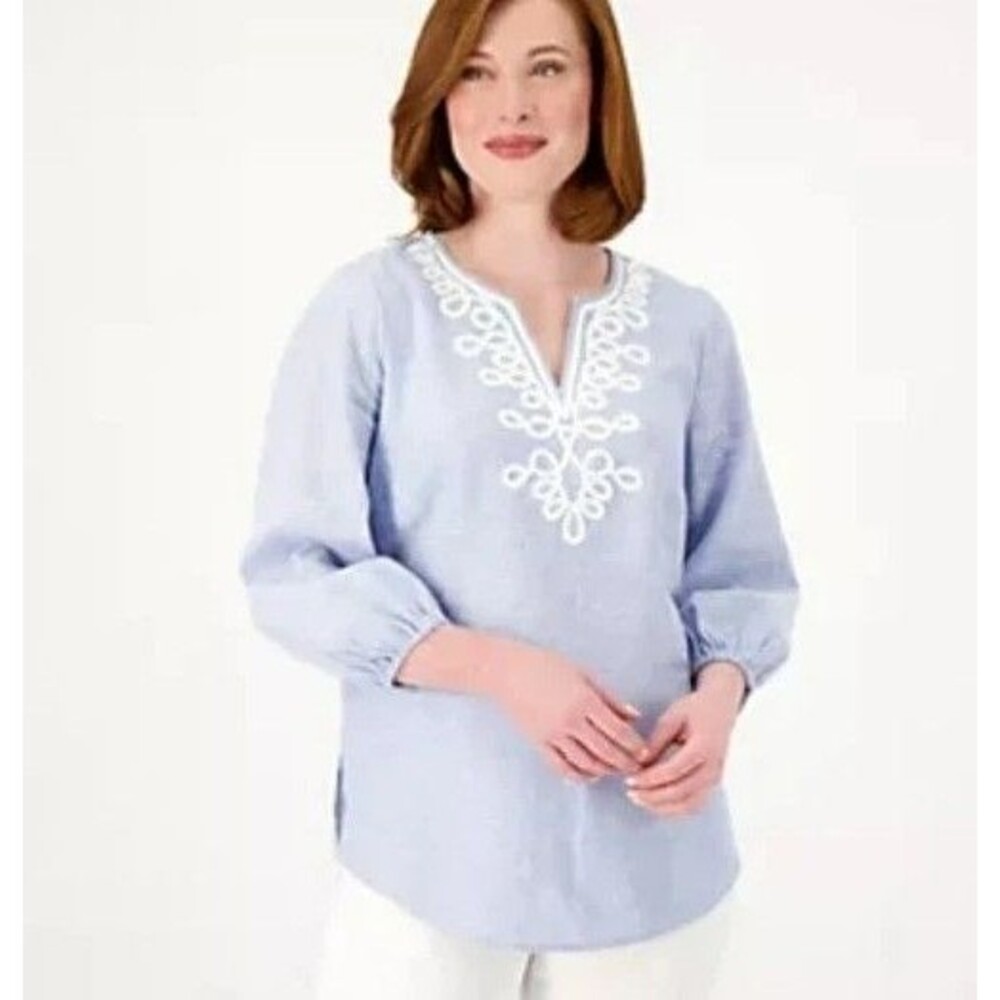Susan Graver Pura Blouse Size LP Linen/Flax Blend Blue Tunic